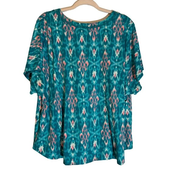 Carole Hochman Green & Pink Ikat Print V-Neck Short Sleeve Top 1X - Picture 10 of 11